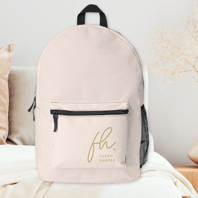 Monogram Modern Chic Blush Pink Gold Monogrammed Printed Backpack (Creator Uploaded)