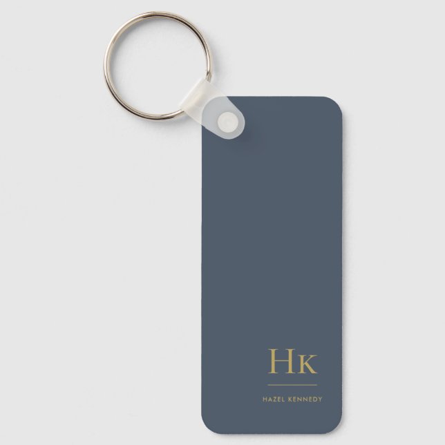 Monogram Modern Classic Minimalist Navy Blue Gold Key Ring (Front)