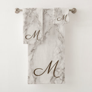 Monogram Modern Classy Faux White & Brown Marble Bath Towel Set