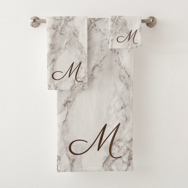 Monogram Modern Classy Faux White & Brown Marble Bath Towel Set (Insitu)