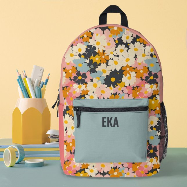 Monogram Modern Colourful Floral Girls School Printed Backpack (A pretty floral pattern with your monogram name decorates this school backpack.)
