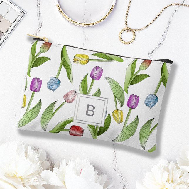 Monogram Modern Colourful Tulip Floral Pattern Accessory Pouch (Creator Uploaded)