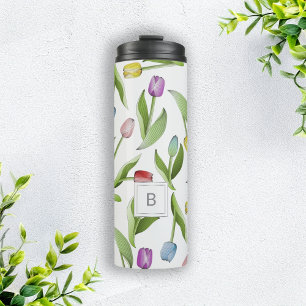 Monogram Modern Colourful Tulip Floral Pattern Thermal Tumbler