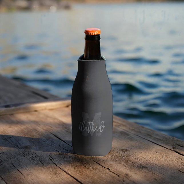 Monogram Modern Cool Grunge Add Your Name Bottle Cooler (Creator Uploaded)