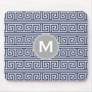 Monogram Modern Dark Blue Greek Key Pattern Mouse Mat