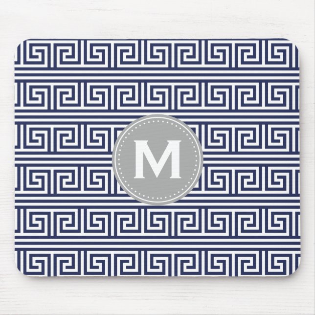 Monogram Modern Dark Blue Greek Key Pattern Mouse Mat (Front)