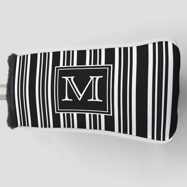 Monogram | Modern Elegant Black and White Stripes Golf Head Cover (Front)