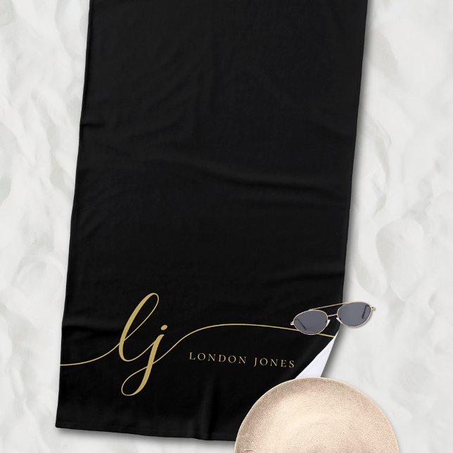 Monogram Modern Elegant Black Gold Script Initials Beach Towel (Creator Uploaded)