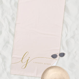 Monogram Modern Elegant Blush Pink Gold Script Beach Towel