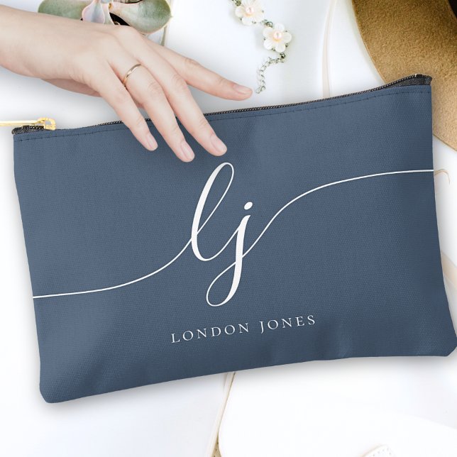Monogram Modern Elegant Calligraphy Navy White Accessory Pouch (Creator Uploaded)