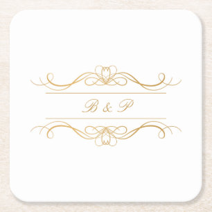 Monogram Modern Elegant Gold Swirl Wedding Square Paper Coaster