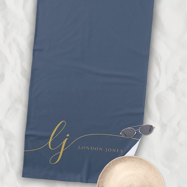 Monogram Modern Elegant Navy Gold Script Initials Beach Towel (Creator Uploaded)