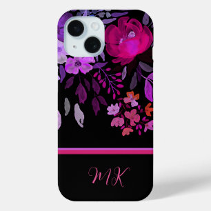Monogram Modern Elegant Pink Purple Floral  iPhone 15 Case