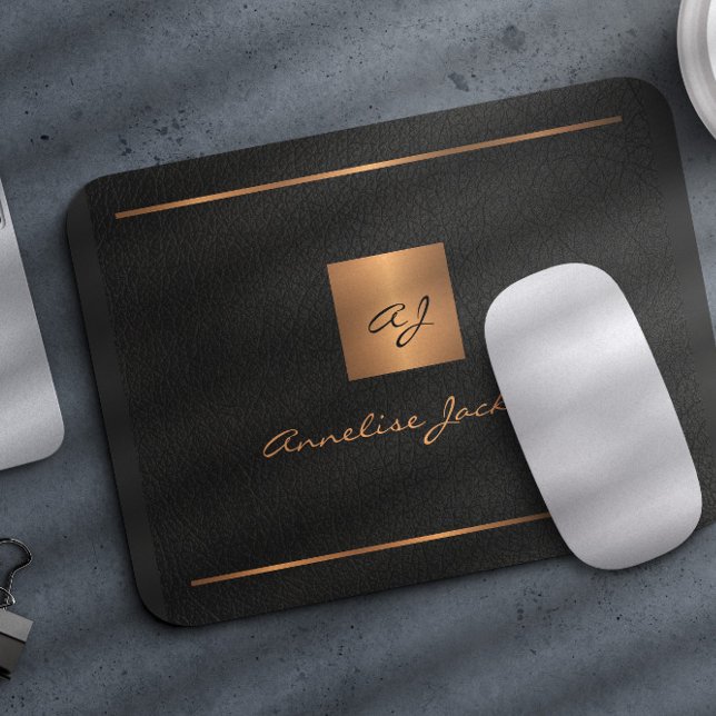 Monogram modern elegant script name gold black mouse mat (Creator Uploaded)