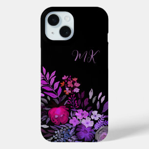 Monogram Modern Feminine Purple Pink Floral Black iPhone 15 Case