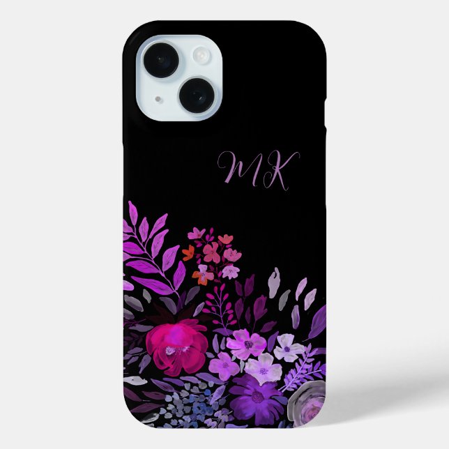 Monogram Modern Feminine Purple Pink Floral Black Case-Mate iPhone Case (Back)
