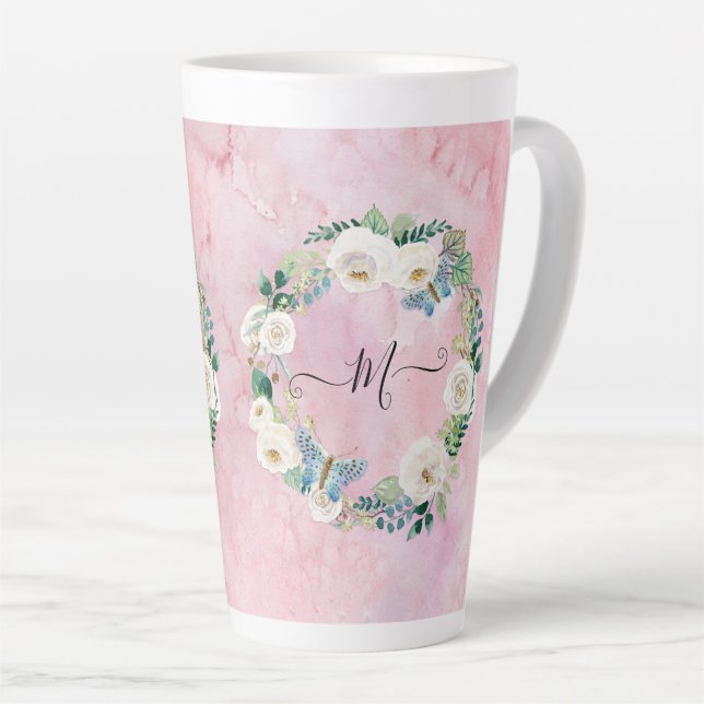 Monogram Modern Floral Butterfly Watercolor Pink Latte Mug (Right Angle)