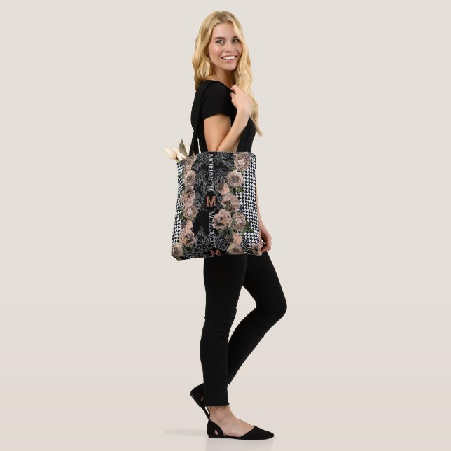 Monogram Modern Floral Chequered Bridesmaid Tote Bag (On Model)