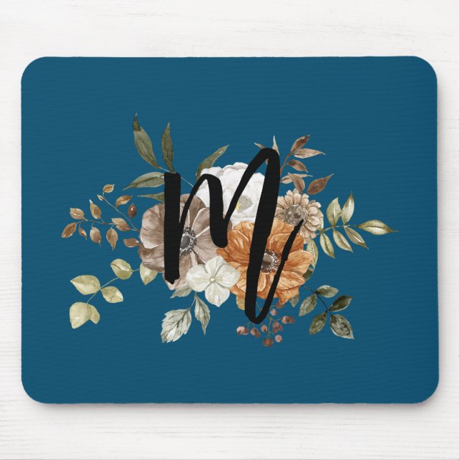 Monogram Modern floral Initial Navy blue Mouse Mat (Front)