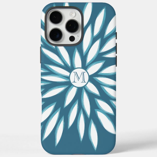 Monogram Modern Floral Teal Blue Case-Mate iPhone Case (Back)