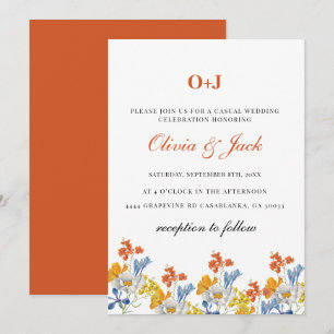 Monogram modern flower Minimalist Casual Wedding  Invitation