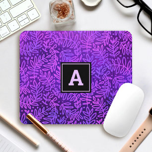 Monogram modern foliage leaves pattern purple mouse mat