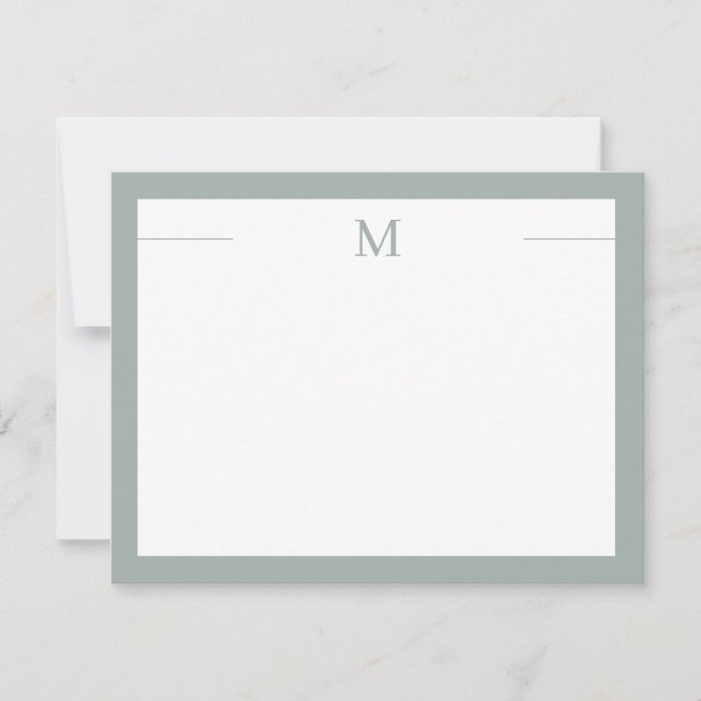 Monogram Modern Frame Sage White Flat Note Card (Front)