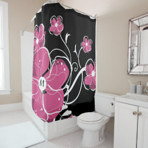 Monogram Modern Girly Pink and White Flowers Shower Curtain