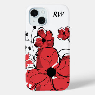 Monogram Modern Girly Red and Black Flowers iPhone 15 Case
