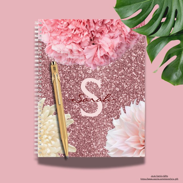 Monogram modern glitter with pink and white floral notebook (Creator Uploaded)
