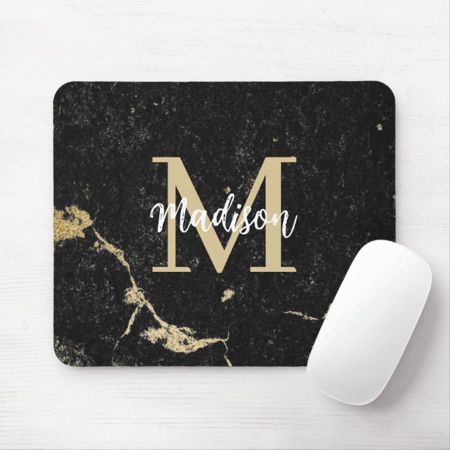 Monogram Modern Gold Black Marble Mouse Mat (With Mouse)
