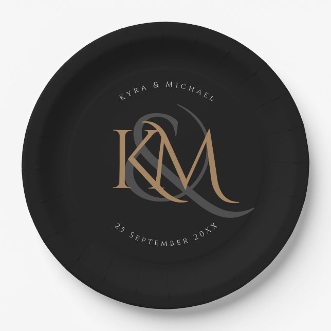 Monogram Modern Gold Script Black Elegant Wedding Paper Plate (Front)