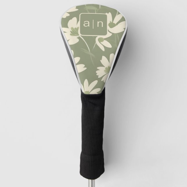 Monogram Modern Green Floral  Golf Head Cover (Front)