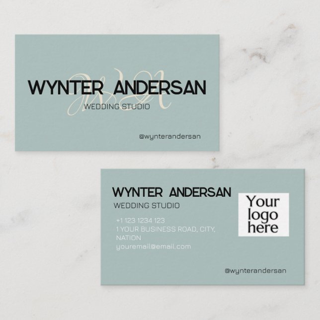 Monogram Modern Green Minimalist Custom Logo Name Business Card (Front/Back)