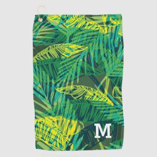 Monogram Modern Green Tropical Palm Pattern Golf Towel
