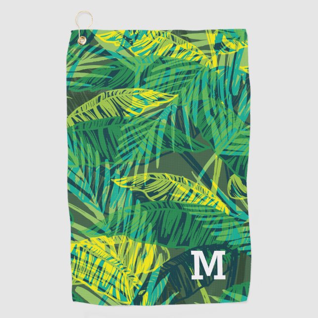 Monogram Modern Green Tropical Palm Pattern Golf Towel (Front)
