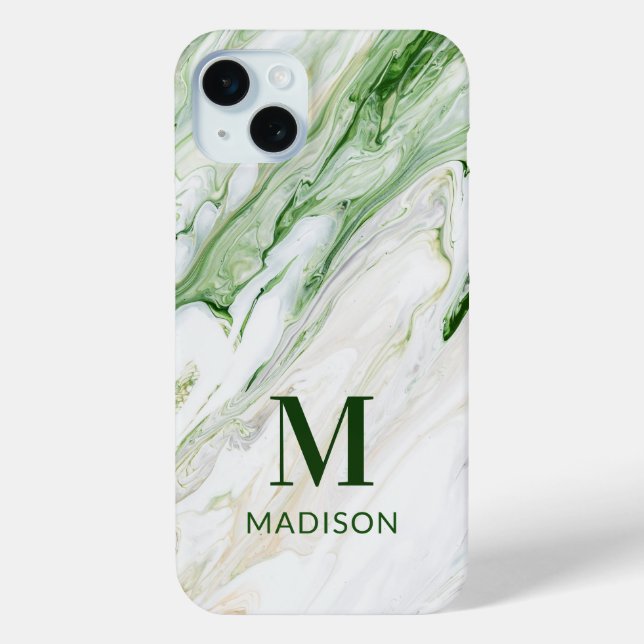 Monogram Modern Green White Stylish Personalised Case-Mate iPhone Case (Back)