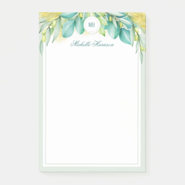 Monogram Modern Greenery Eucalyptus Leaves Olive Post-it Notes (Front)