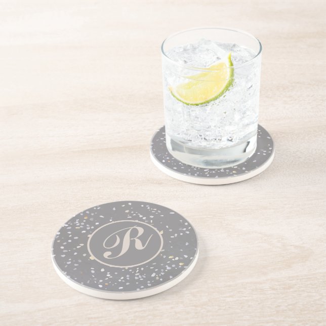 Monogram Modern Grey Terrazzo  Coaster (Side)