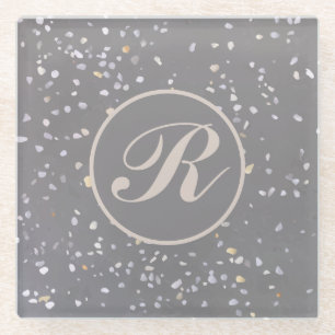 Monogram Modern Grey Terrazzo  Glass Coaster