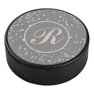 Monogram Modern Grey Terrazzo  Hockey Puck