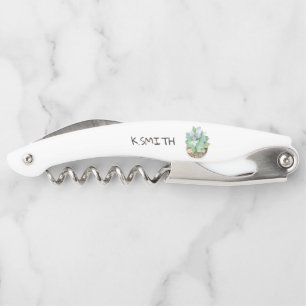 Monogram Modern Hand Drawn Watercolor Succulent Corkscrew