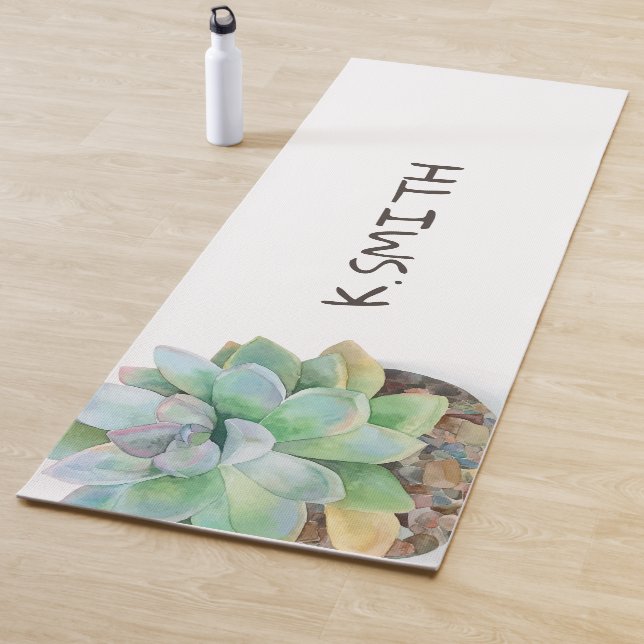 Monogram. Modern Hand Drawn Watercolor Succulent. Yoga Mat (In Situ)