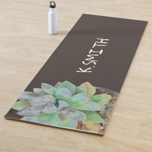 Monogram Modern Hand Drawn Watercolor Succulent. Yoga Mat