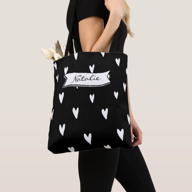 Monogram modern heart pattern in black and white tote bag (Close Up)