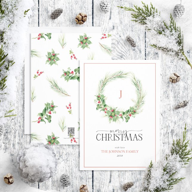 Monogram Modern Holly Berry Wreath Merry Christmas Holiday Card (Creator Uploaded)