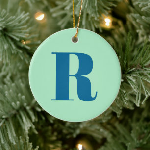 Monogram Modern Initial Letter Neo Mint Green Navy Ceramic Tree Decoration