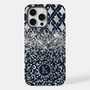 Monogram Modern Leopard Print Glitter Personalised iPhone 15 Pro Max Case
