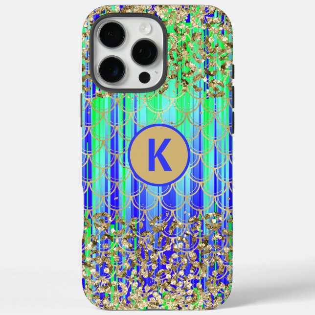 Monogram Modern Mermaid Glitter Green Blue Case-Mate iPhone Case (Back)