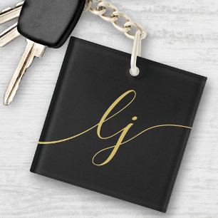 Monogram Modern Minimal Elegant Black Gold Script Key Ring